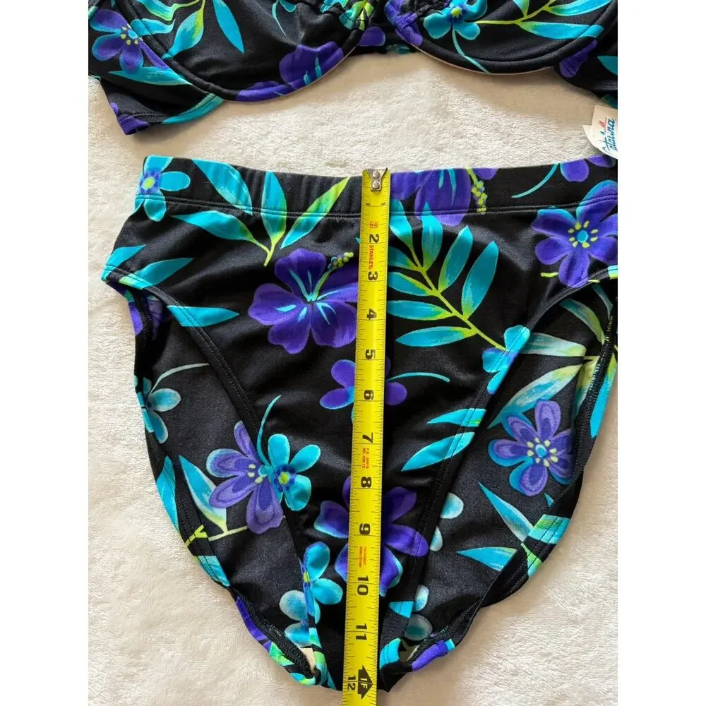 VTG NWT Catalina Floral Bikini Set Black Blue Tropical High Waist Size M/1X (XL)